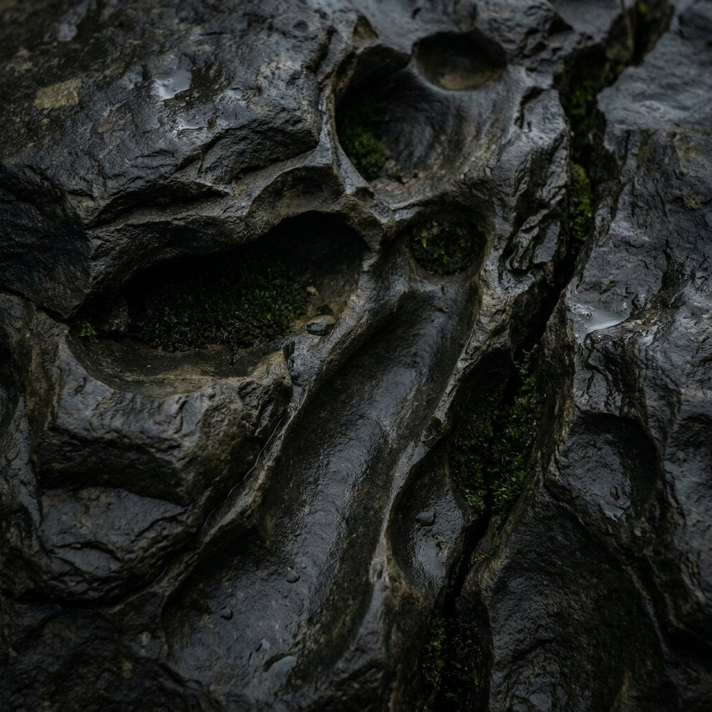 Dark weathered stone with natural cavities and restrained moss